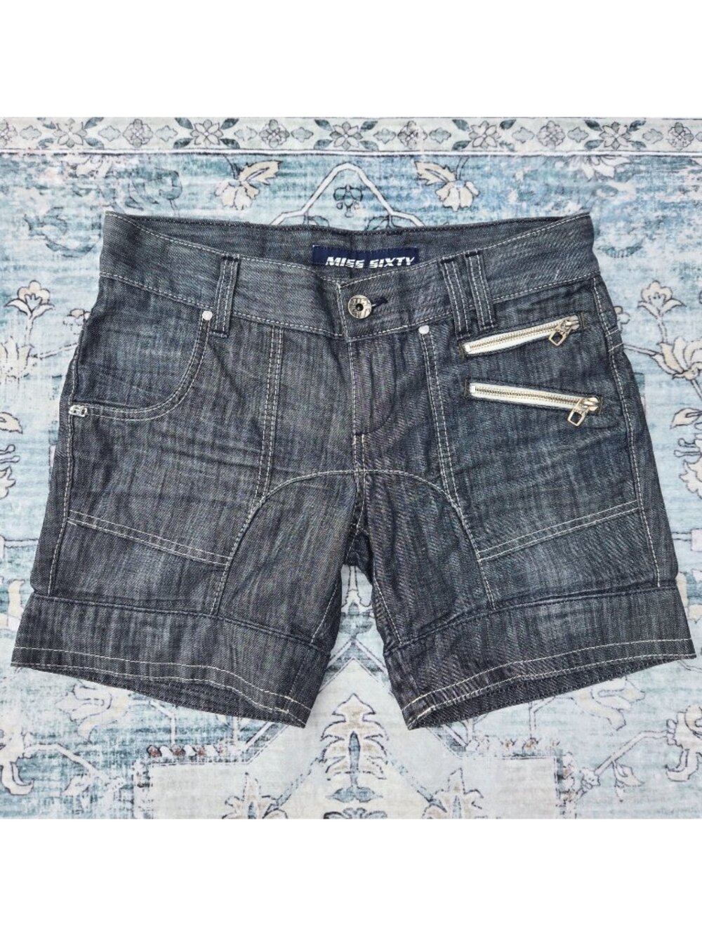 Vintage Y2K Miss Sixty Blue Denim Shorts With Zippers Size 30 100% Cotton Italy